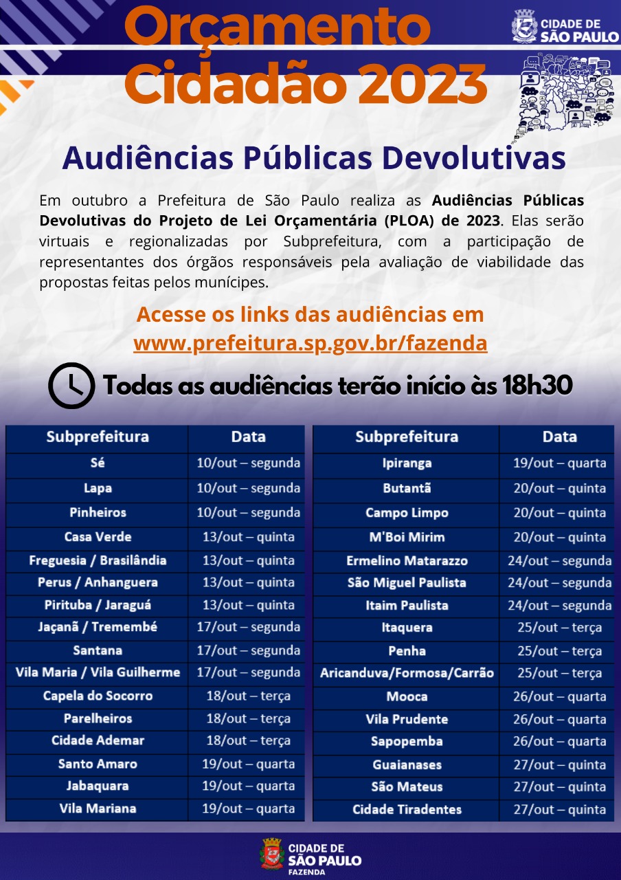 Fundo azul e letras laranja e branca, informa datas das audiências online públicas devolutivas do Orçamento Cidadão 2023. , a partir das 18h30. A de São Mateus será no dia 27 de outubro. 